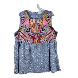 Entro Polka Dot Aztec Embroidered Sleeveless Peplum Blouse Top Woman’s Size XL